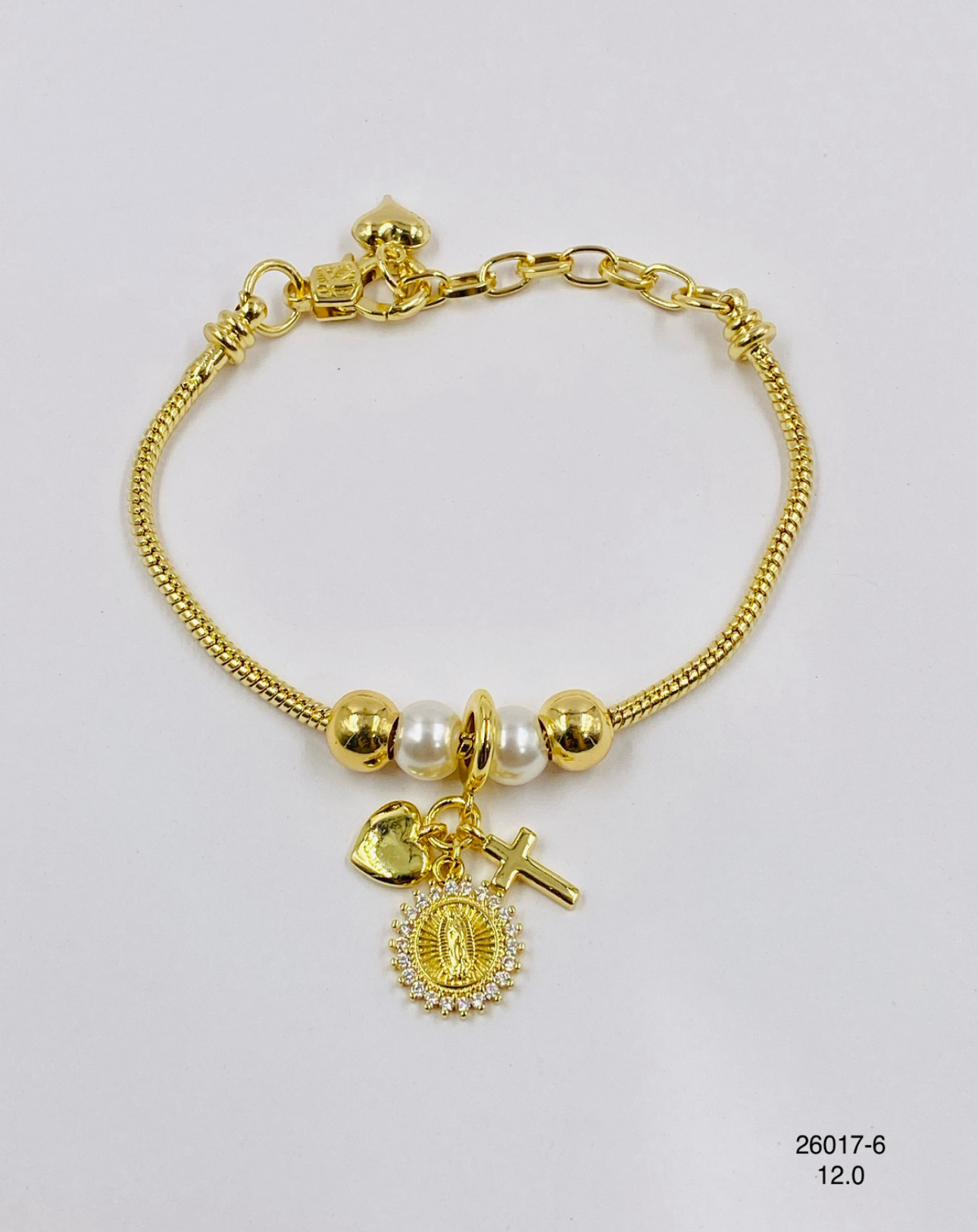Pulsera Charms Corazón Medalla y Cruz