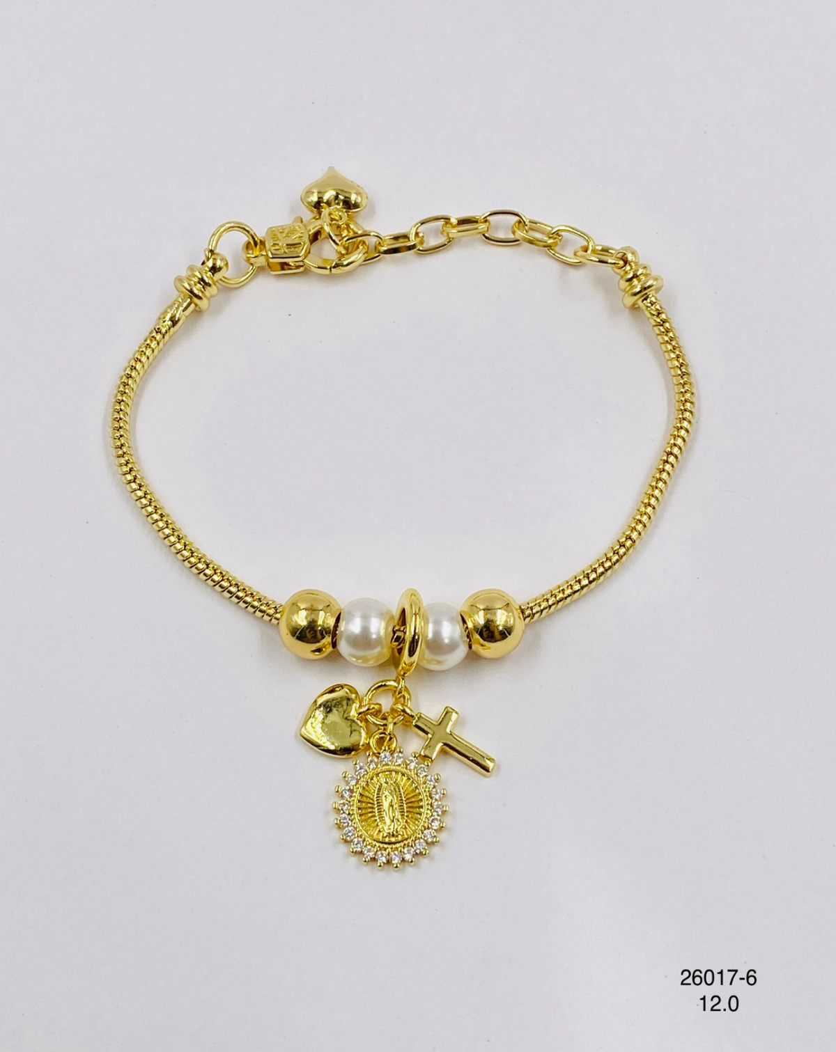 Pulsera Charms Corazón Medalla y Cruz