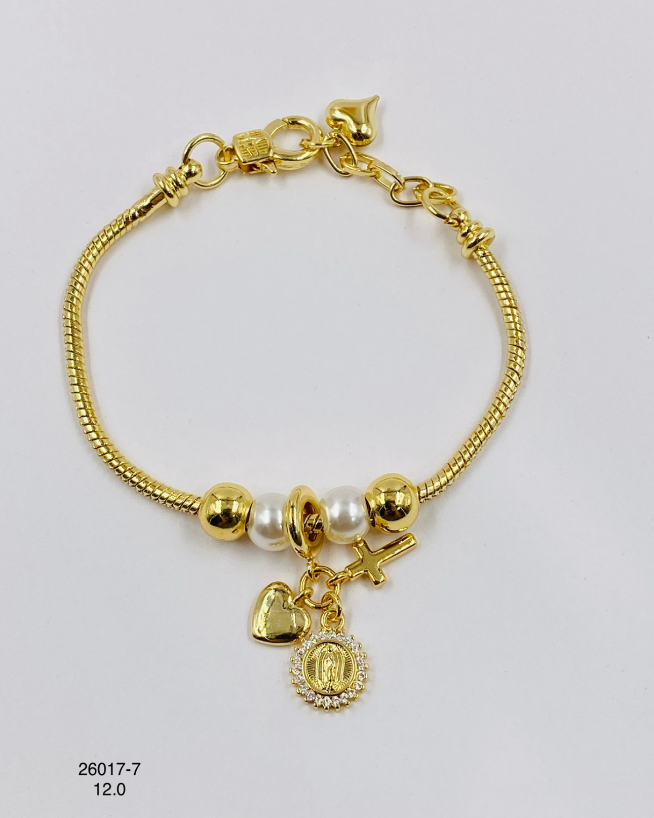 Pulsera Charms Corazón Cruz y Medalla Redonda
