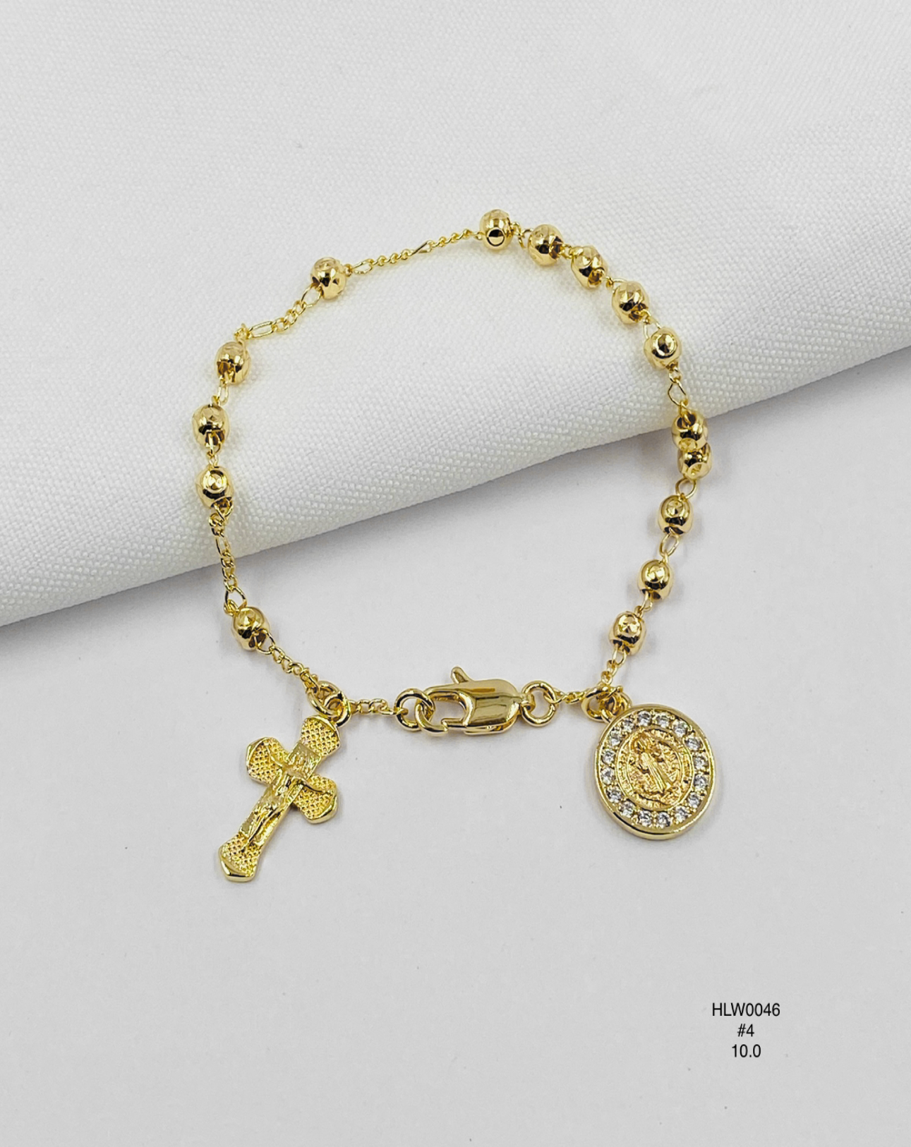 Pulsera Rosario dorado con medalla y crucifijo — Balines 4 mm